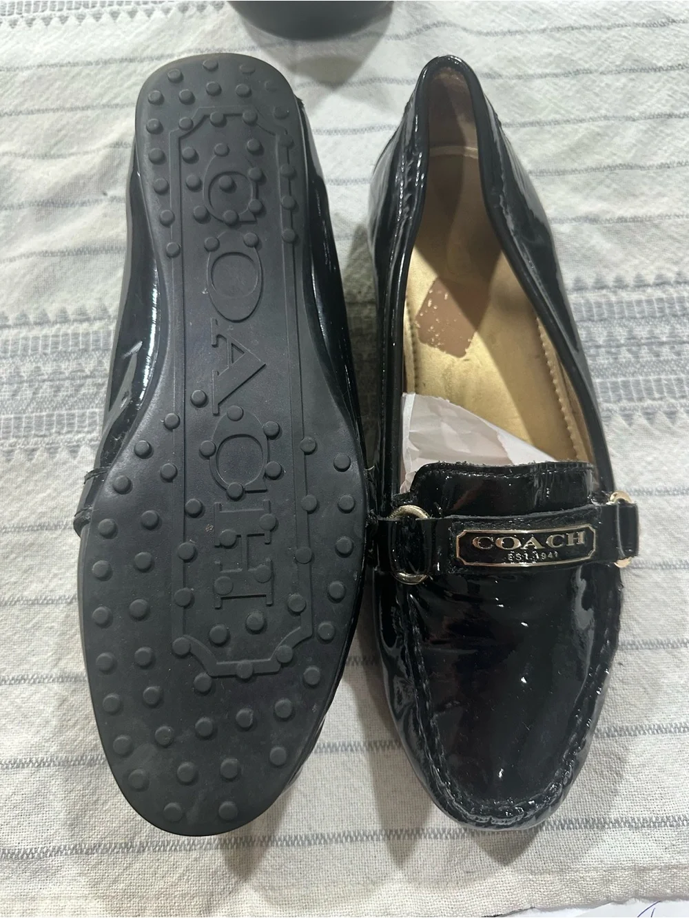Coach Vintage Faye Black Patent Leather Logo Bit Loafers Sz 10